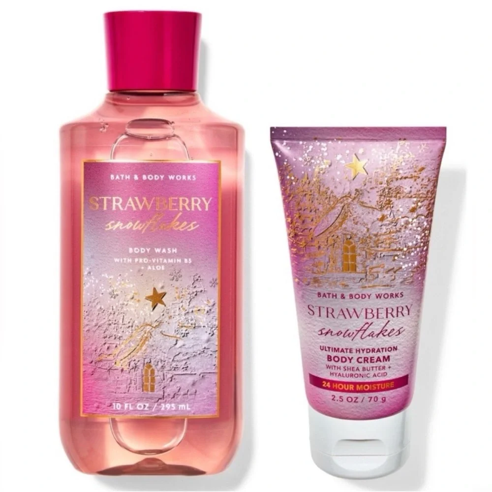 Bath & Body Works Strawberry Snowflakes Body Wash 10 FLOZ & Body Cream 2.5 OZ